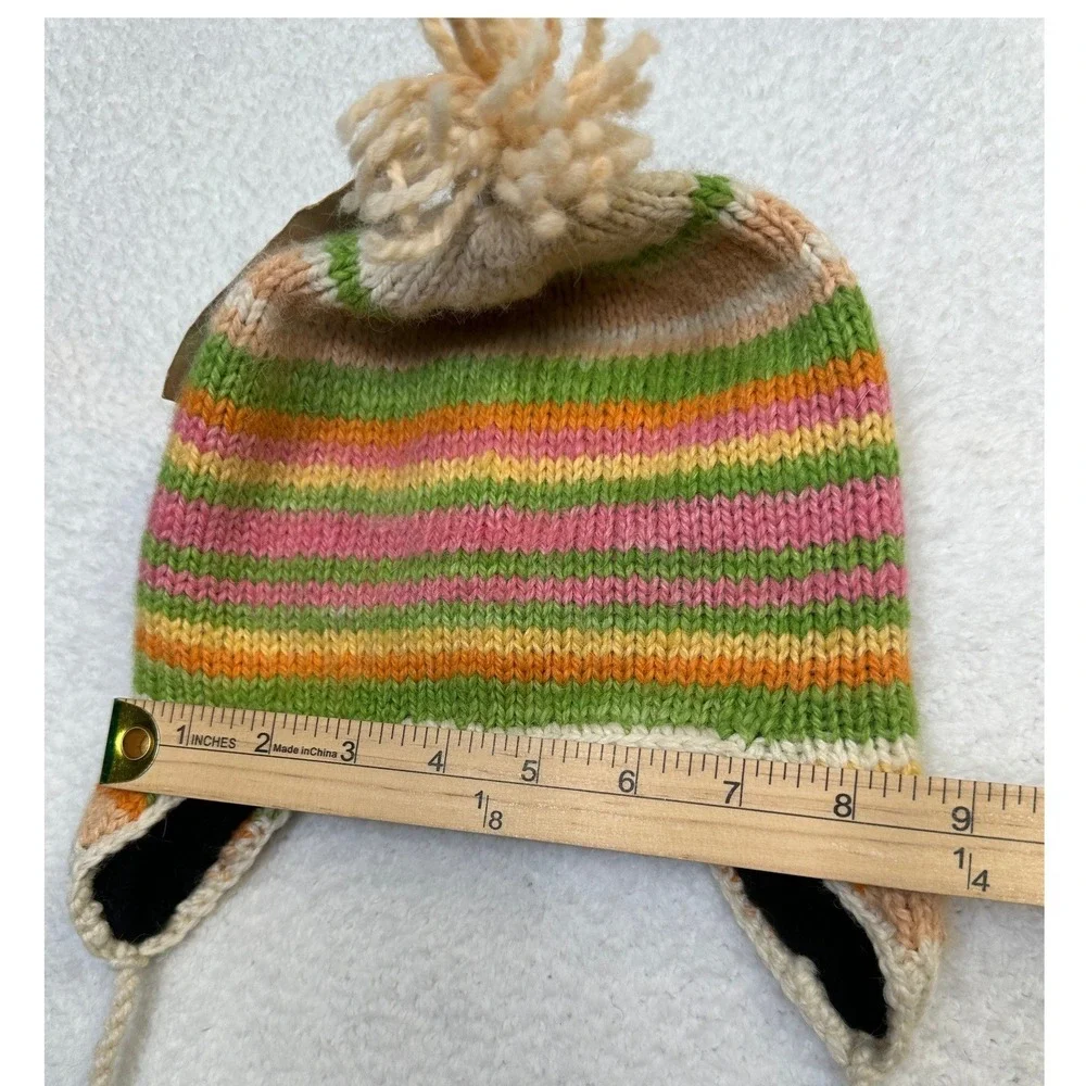 Artesania Alpaca Wool Hat Multicolor Stripes Pom Ear‎ Flaps Handmade Kids-New